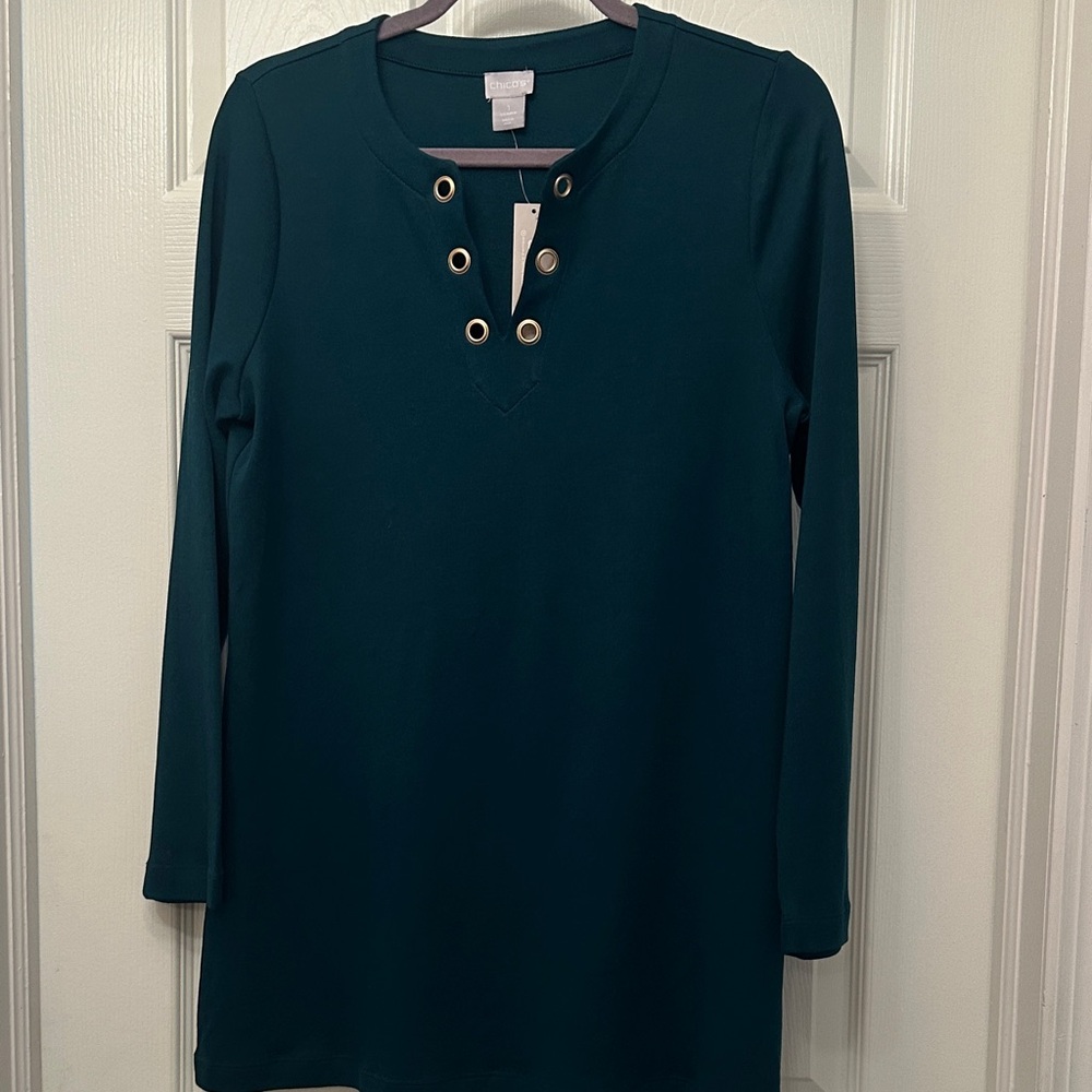 Chico's Dark Green Long Sleeve Dress with Eyelet Detail